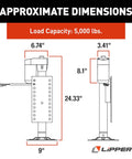 Diagram showing dimensions of Left Leg Replacement Hall Effect Rear Jack For Ground Control 3.0 with 5,000-Lb Load Capacity