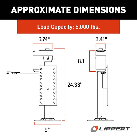 Diagram showing dimensions of Left Leg Replacement Hall Effect Rear Jack For Ground Control 3.0 with 5,000-Lb Load Capacity