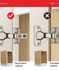 Comparison of Six Pack 1-1/4 Inch Overlay 40mm Cup 95 Degree Soft Close Concealed Hinges on face frame and frameless cabinets.