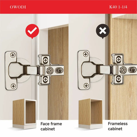 Comparison of Six Pack 1-1/4 Inch Overlay 40mm Cup 95 Degree Soft Close Concealed Hinges on face frame and frameless cabinets.