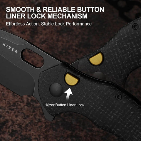 Roach XL Pocket Knife 3 Point 5 Inch 14C28N Drop Point Blade Beefy Size EDC with button liner lock detail