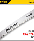 Close-up of SK5 steel blade from Beast 10 Inch Folding Hand Saw With SK5 Steel Blade And Triple Cut Razor Teeth For Pruning Trees Gardening Camping And Bushcraft Cuts Green And Dry Wood Easily Portable Foldable Design With Non Slip Ergonomic Handle.
