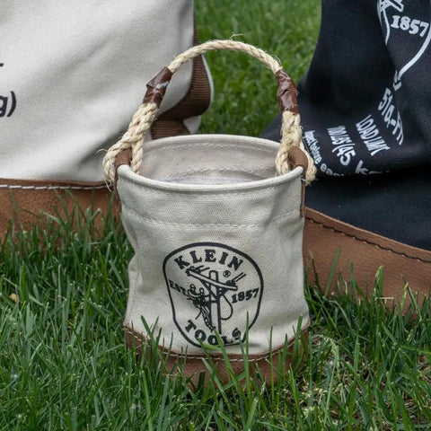 Compact Mini Tool Bucket With Leather Bottom And Reinforced Rope Handle For Small Jobs All Purpose Utility Pouch in grass