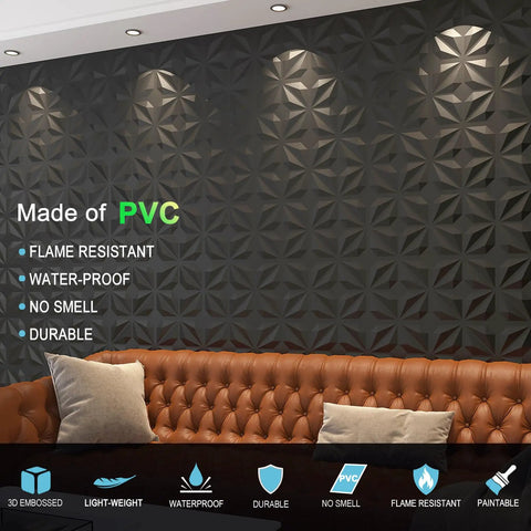 Decorative 3D Wall Panels Black PVC 12x12 Inch Tiles covering a living room wall with ambient lighting and a brown couch.