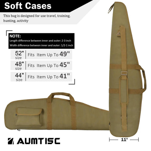 Soft Hunting Gear Case For Outdoors And Scopes, Khaki 52 Inch, adjustable shoulder sling, external pocket, side view