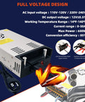 Beefy 600W 12V DC Power Converter With 50A Peak, 110V 220V AC In, shown with specifications and features.