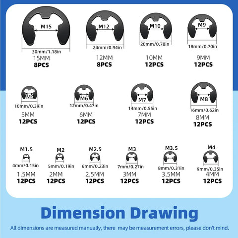 Diagram of 160 E-ring circlips in fourteen sizes, part of the 261 Pcs Lock Washer And E Clip Kit With 100 Internal Tooth Star Washers In Nine Sizes And 160 E Ring Circlips In Fourteen Sizes Plus A Pair Of Tweezers For Easy DIY Fixes Must Have For DIYers.