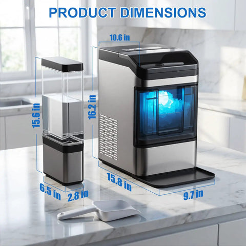 Countertop Nugget Ice Maker Makes Forty Eight Pounds Per Day With Instant Freeze Speed And Zero Stress Cleaning with dimensions.