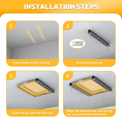 Installation steps for Garage Ceiling Tote Storage Rails Heavy Duty Overhead Bin Rack Adjustable Tote Slide System 4 Pack For 3 Bins Bins Not Included