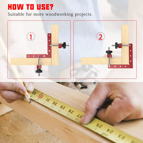 90 Degree Aluminum Alloy Corner Clamps Kit, Heavy Duty Right Angle Clamping Squares For DIY Woodworking, Shelves, Boxes, Frames, Drawers And Cabinets, 5.5 X 5.5 Inches, 4 Pack, shown clamping wood joints