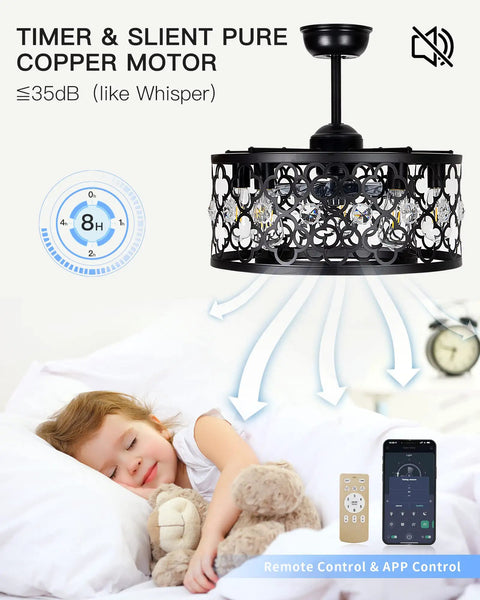 Farmhouse Ceiling Fan With Lights 20 Inch Caged Design Reversible Motor Remote Control Low Profile for Bedroom