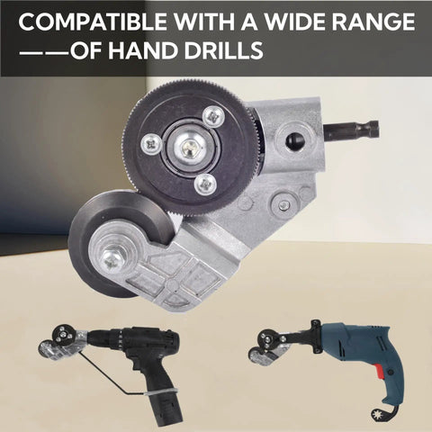 Upgraded Electric Drill Plate Cutter Metal Shear Attachment for Iron Steel Copper Aluminum Sheet Metal Trimming Tool with Adapter shown with hand drills.