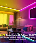 Modern living room with vibrant color-changing LED strip lights, Two Rolls Of 65.6 Ft Color Changing LED Strip Lights, 130 Ft Total