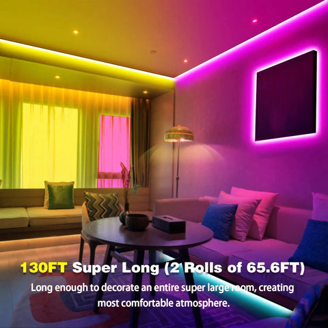 Modern living room with vibrant color-changing LED strip lights, Two Rolls Of 65.6 Ft Color Changing LED Strip Lights, 130 Ft Total