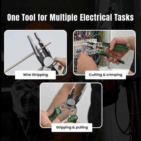 8 In 1 Wire Stripper And Do It All Multi Tool Pliers With Built In Voltage Tester Cutter And Crimp Tool in use for electrical tasks