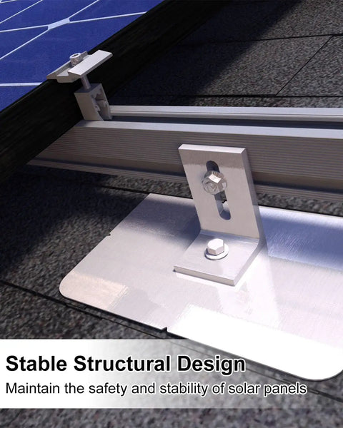 Rock Solid Solar Panel Mounting Brackets With Easy Flex Angle Tweak And Heavy Duty 1.06 Inch Rails Snug Clip For 32 To 50 mm Posts Includes 56 Piece Bolt Pack For Hassle Free Ground Install, close-up of aluminum rail with bolt.