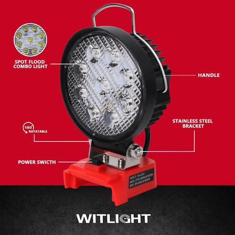 Front view of Cordless LED Work Light For Milwaukee 18V Battery Compatibility, 27W 2400LM Flood Beam, Type C Quick Charge