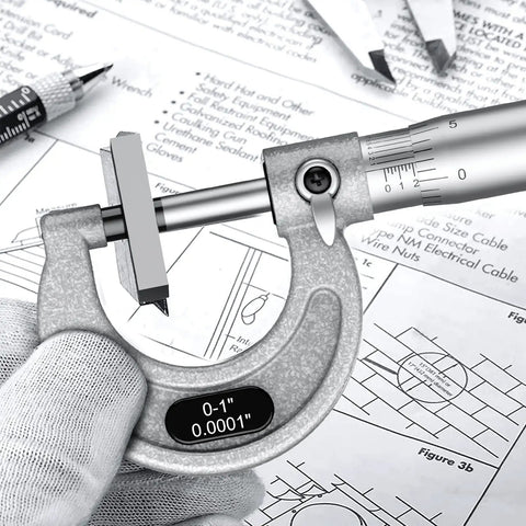 Pro Grade Outside Micrometer Set With Four 0-1 Inch, 1-2 Inch, 2-3 Inch, 3-4 Inch Ranges, 0.0001 Inch Graduation, Alloy Precision Machinist Tools In Durable Case Gray shown measuring blueprint