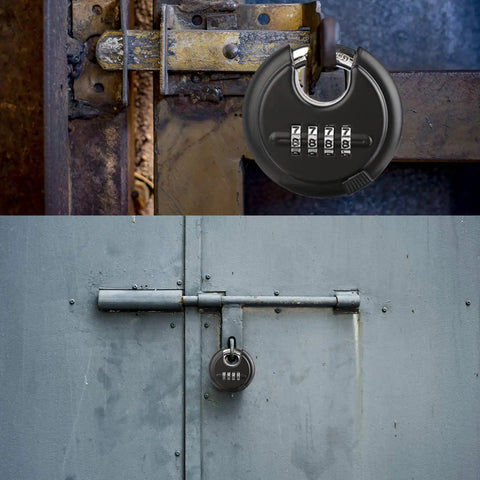 Rugged Outdoor Combination Disc Padlock With Four Digit Code Heavy Duty Weatherproof Rustproof Lock For Storage Units Gates Fences And Trailers Black Three Eighth Inch Shackle