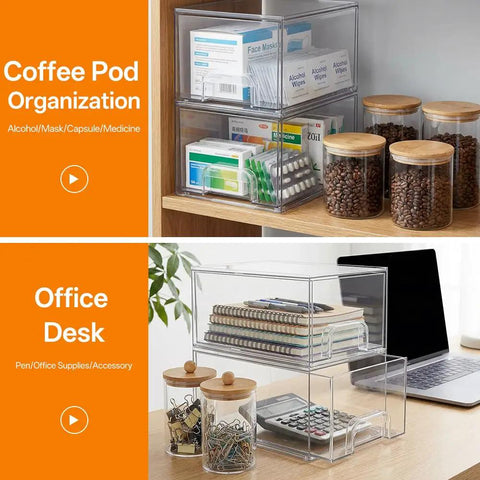 Clear Stackable Storage Drawers And Q Tip Holder Dispenser With Bamboo Lids on desk with coffee pods and office supplies