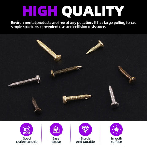 Top Tier 1600 Piece Mini Wood Screw And Nailing Assortment Kit With Premium Gold Silver Bronze Coatings In 6Mm 8Mm And 10Mm Lengths - assorted screws on a black background.