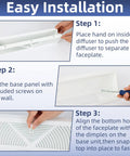 Installation steps for 18 Inch Baseboard Vent Cover 4 Pack with Adjustable Airflow, showing separation, screwing, and aligning process.