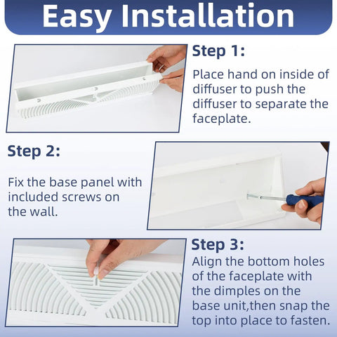Installation steps for 18 Inch Baseboard Vent Cover 4 Pack with Adjustable Airflow, showing separation, screwing, and aligning process.