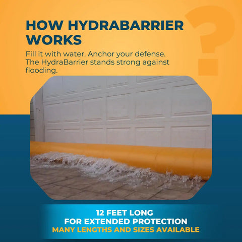 HydraBarrier Supreme Flood Barrier 12 Feet Long 20 Inches Wide 12 Inches High protecting a garage from water intrusion.