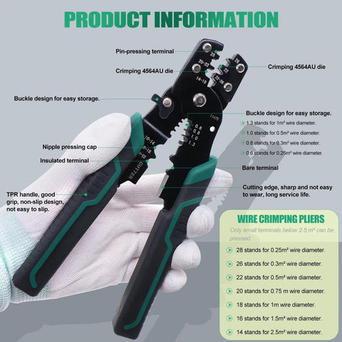 360 Piece Quick Splice Wire Spade Connector Kit 2.8mm 4.8mm 6.3mm Crimp Tool with ergonomic handle and wire specifications