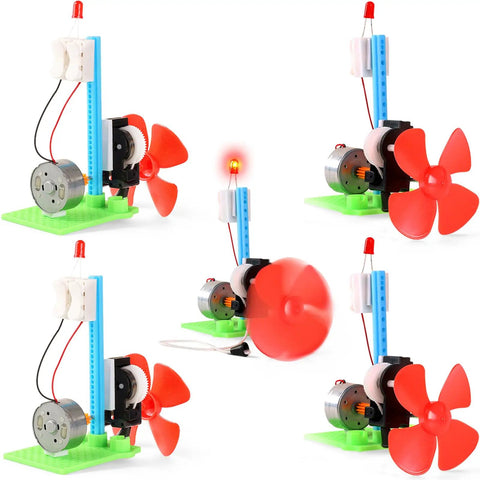 Five Mini Generator Kits with DC Motor for Kids' STEM Projects, showcasing red blades and LED on a green base, emphasizing hands-on learning.