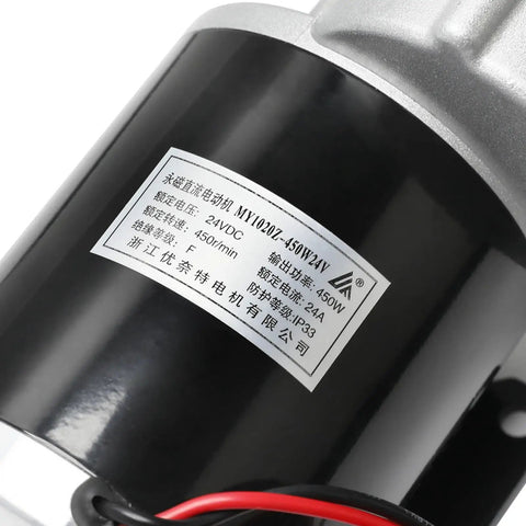 Heavy Duty 24V 450W Brushed Gear Motor Kit With Controller 60 To 1 Reduction throttle and brake levers, close-up of motor label.