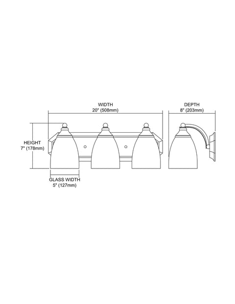 Diagram of Three Light Satin Nickel Vanity Light From Mix And Match Collection Contemporary Modern Bathroom Fixture UL Listed