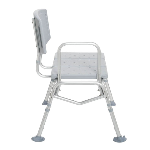 Side view of Folding Universal Sliding Transfer Bench For Tub With 500 Pound Capacity Bariatric Shower Chair, aluminum frame.