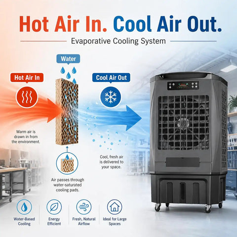 Heavy Duty Portable Evaporative Air Cooler With 9000 CFM Industrial Swamp Cooling And A 12 Gallon Tank showing airflow process.
