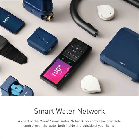 Assorted smart water network components including wireless sensor and digital controller displayed on a table.