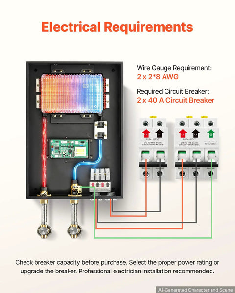 Electrical requirements diagram for Straight Up Zero Wait Tankless Electric Water Heater 240 Volt 18 Kilowatt with circuit breaker connections.