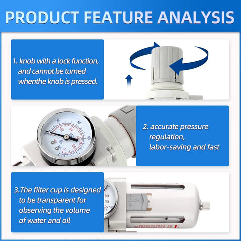 Top Rated 3 8 NPT Three Stage Air Dryer And Regulator Kit With Coalescing And Particulate Filters Manual Drain showing pressure gauge and features.