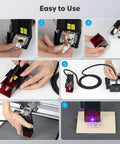 Air assist laser cutter module with copper nozzle and black housing, shown in step-by-step installation