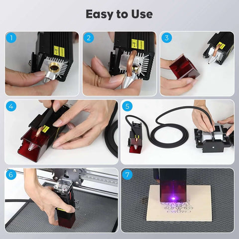 Air assist laser cutter module with copper nozzle and black housing, shown in step-by-step installation