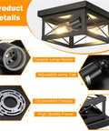 2 Light Flush Mount Square Industrial Black Ceiling Light Fixture With Vintage Farmhouse Vibe For Hallway Kitchen Dining Room And Bedroom UL Listed With Soft Glow, showing ceramic holder and adjustable lamp cap
