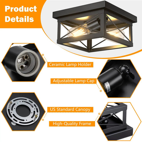 2 Light Flush Mount Square Industrial Black Ceiling Light Fixture With Vintage Farmhouse Vibe For Hallway Kitchen Dining Room And Bedroom UL Listed With Soft Glow, showing ceramic holder and adjustable lamp cap