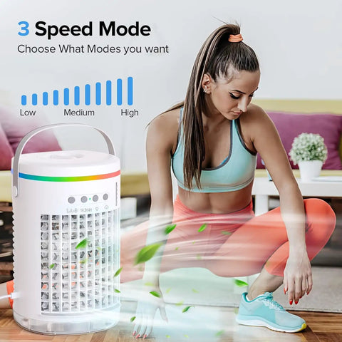 Woman exercising beside Three In One Portable Evaporative Air Cooler With 1400ml Water Tank Three Speeds Three Wind Modes LED Lights