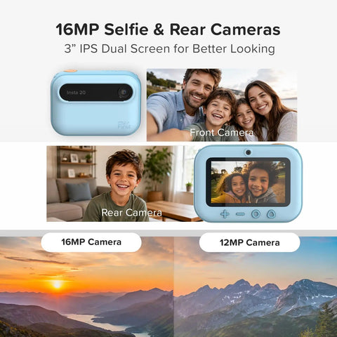 Kids Instant Print Camera Kit With 16MP Sensor, 9 Rolls Paper, Travel Case And Wearable EVA Case, Prints Up To 450 Photos, Durable Lightweight Gift For Ages 4 To 12, Your Kid's New Travel Photo Buddy, front and rear view