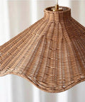 Close-up view of the YUJIDAO 19.7 Inch Rattan Chandelier, Boho Pendant Lighting, hand-woven rattan shade.