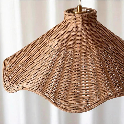Close-up view of the YUJIDAO 19.7 Inch Rattan Chandelier, Boho Pendant Lighting, hand-woven rattan shade.
