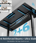 Underneath view of an electric standing desk that moves smoothly, 60 by 30 inches, showcasing dual beam frame and stability features.