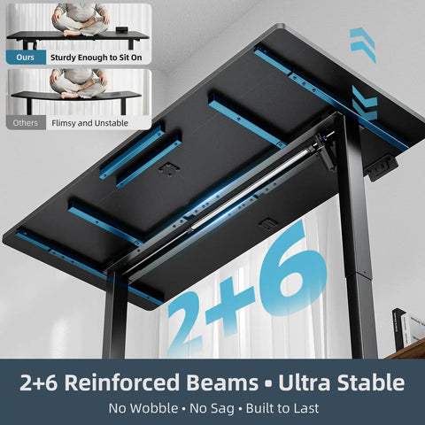Underneath view of an electric standing desk that moves smoothly, 60 by 30 inches, showcasing dual beam frame and stability features.