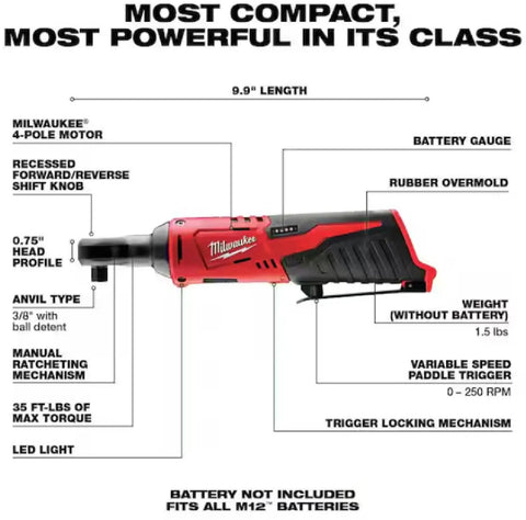 Diagram of 9.9-inch sub compact three eighths inch cordless ratchet with thirty five foot pounds torque and variable speed trigger.