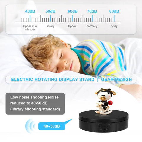 Electric Rotating Display Stand With Rechargeable Battery, Motorized Turntable For Live Streaming Video Shoot Photography, 3 In 1 Size Platform With Swappable Covers To Flaunt Gear Smoothly displaying a dog figurine with low noise rating.
