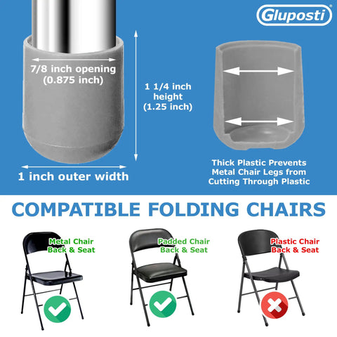 Gray 7/8 Inch Folding Chair Leg Caps 12 Pack Built Tough Heavy Duty Nylon Non Marring Floor Protectors infographic